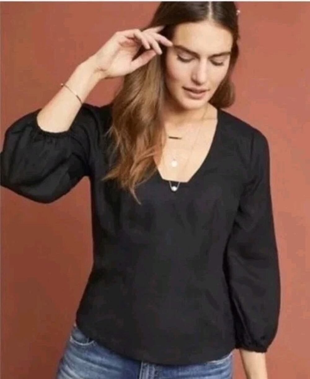 Anthropologie Maeve Becca black Rayon Blend Square Neck Puff Sleeve Blouse
